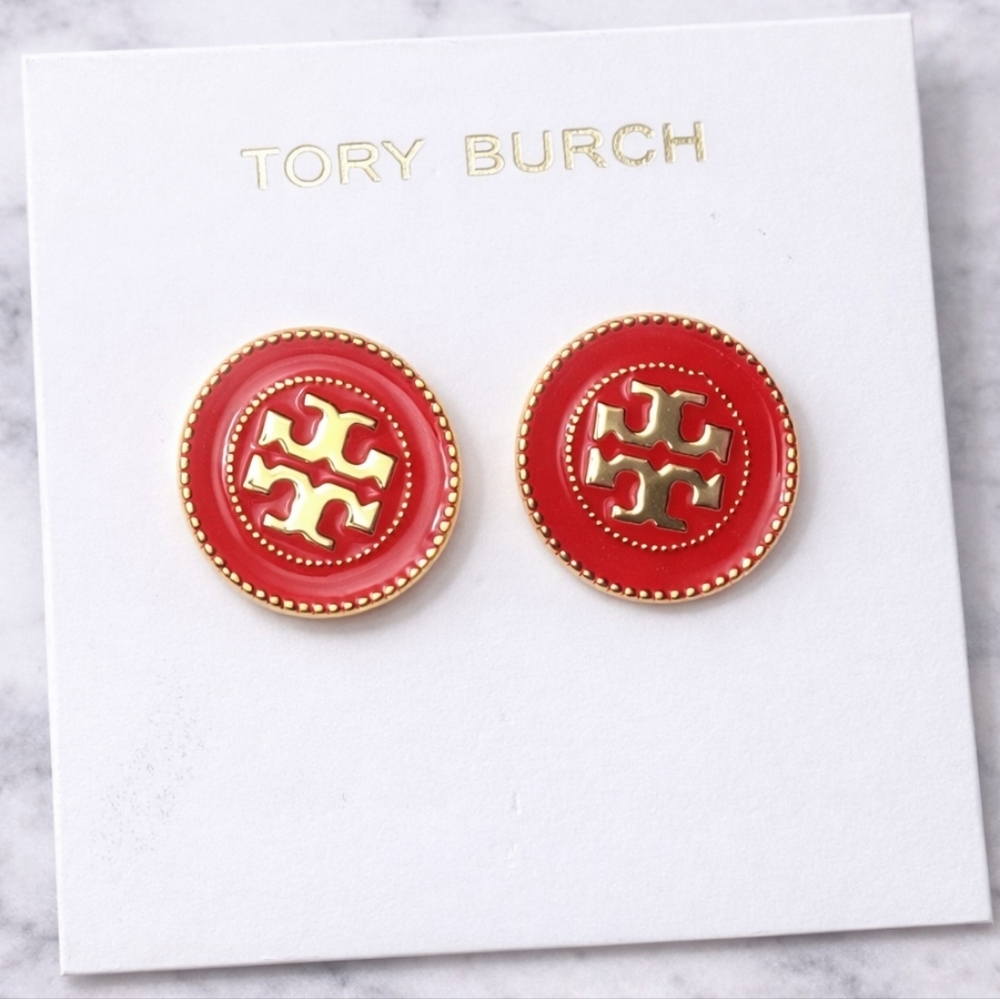 Tory Burch Logo Stud Earrings ~ Red